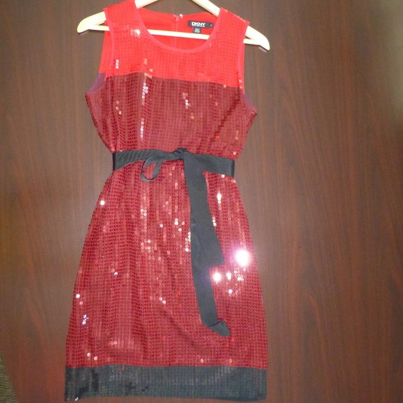 DKNY Red Silk Cocktail Sequin Dress Size 2 - Picture 2 of 5